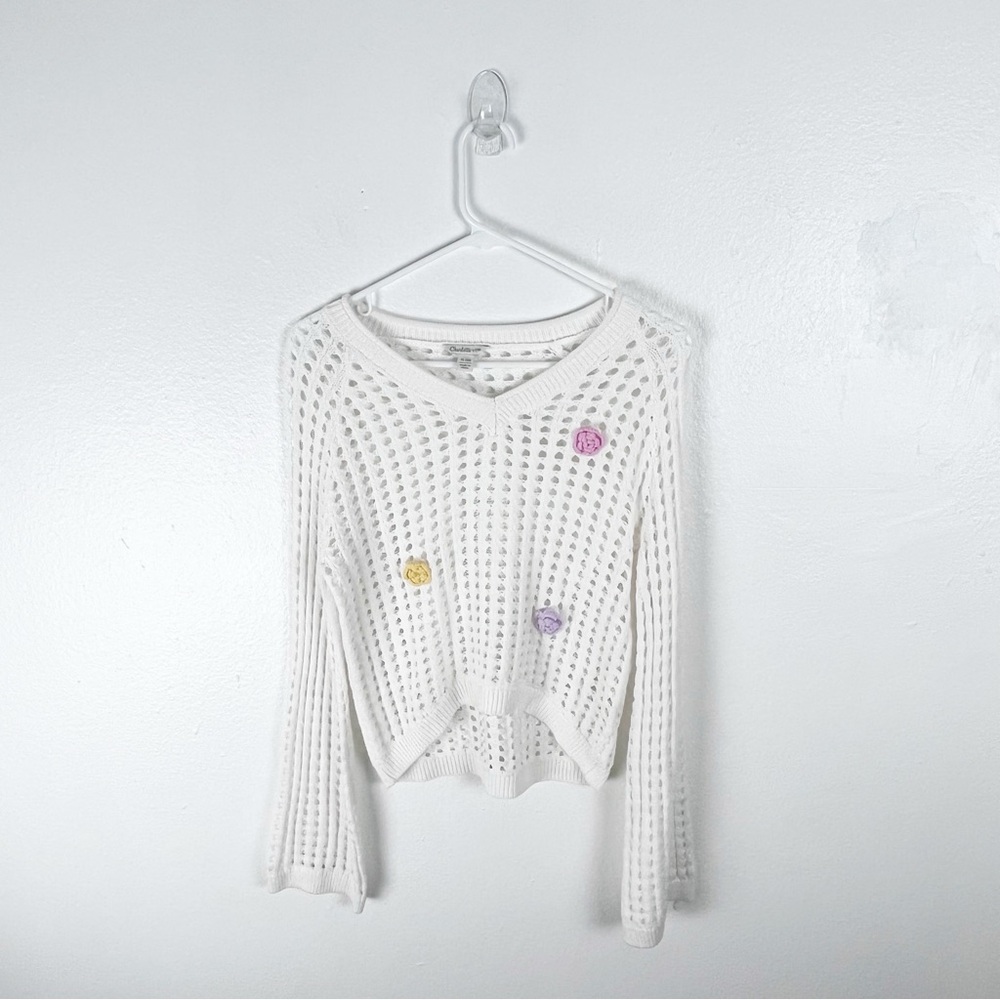 CHARLOTTE By Cato White Crochet Knit Bell Sleeve Floral Appliqué Crop Sweater XL